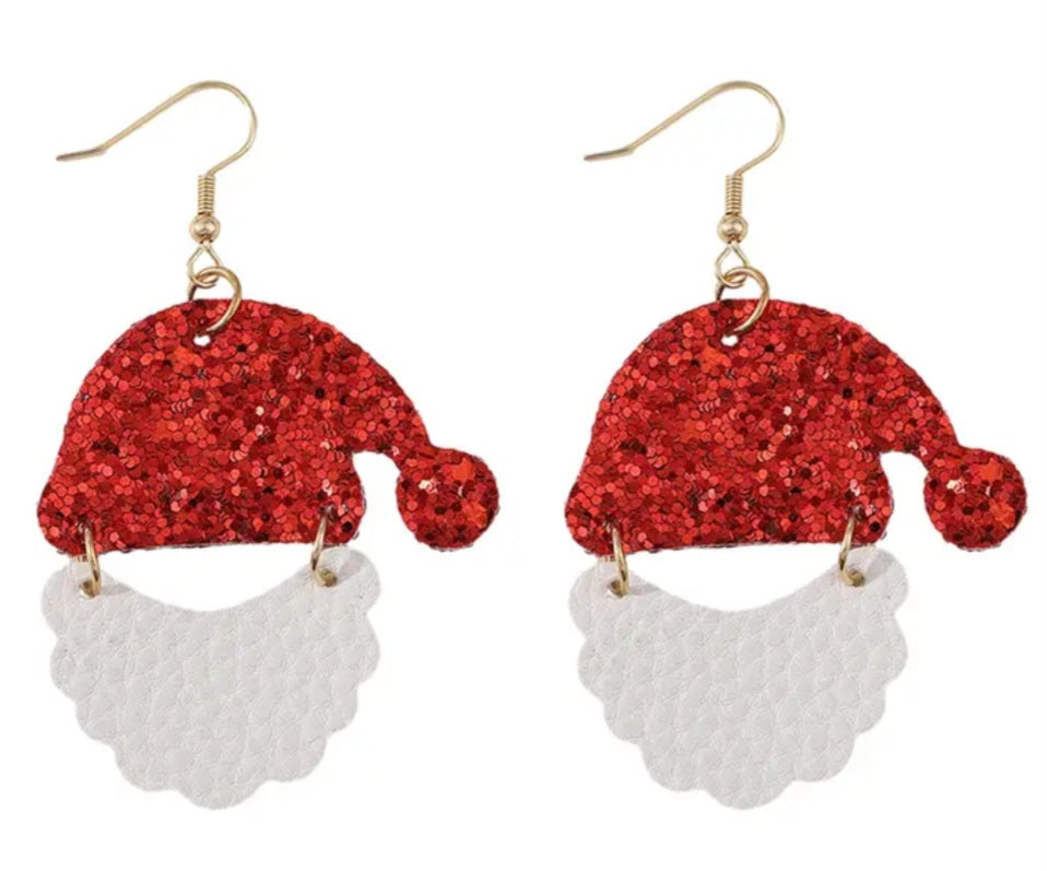 Christmas Festive Santa Hat And Beard Sparkle Vegan PU Leather Drop Dangle Earrings