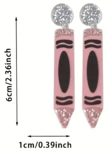 Acrylic Cartoon Crayola Crayon Inspired Sparkle Large Drop Dangle Earrings