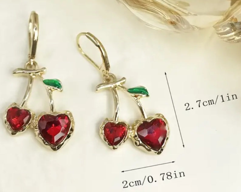 Heart Shaped Cherries Design Gold Plated Rhinestone Gem Drop Dangle Earrings