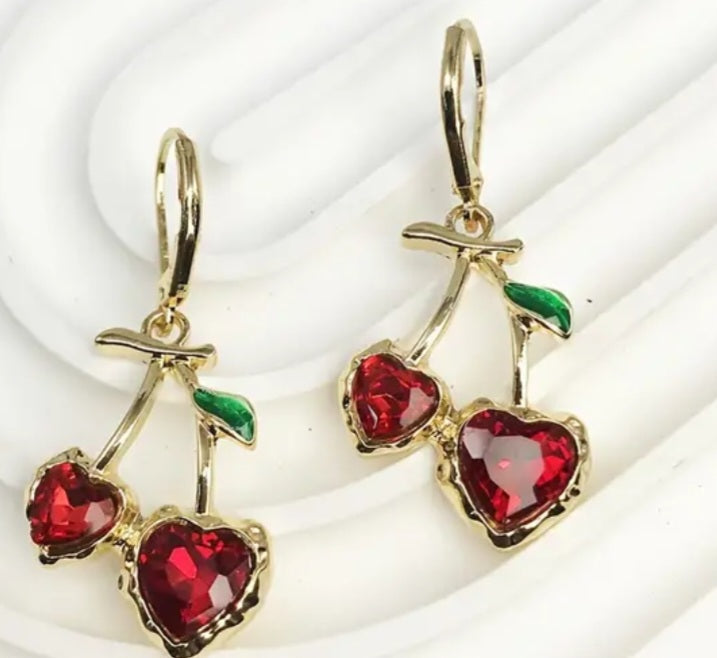 Heart Shaped Cherries Design Gold Plated Rhinestone Gem Drop Dangle Earrings