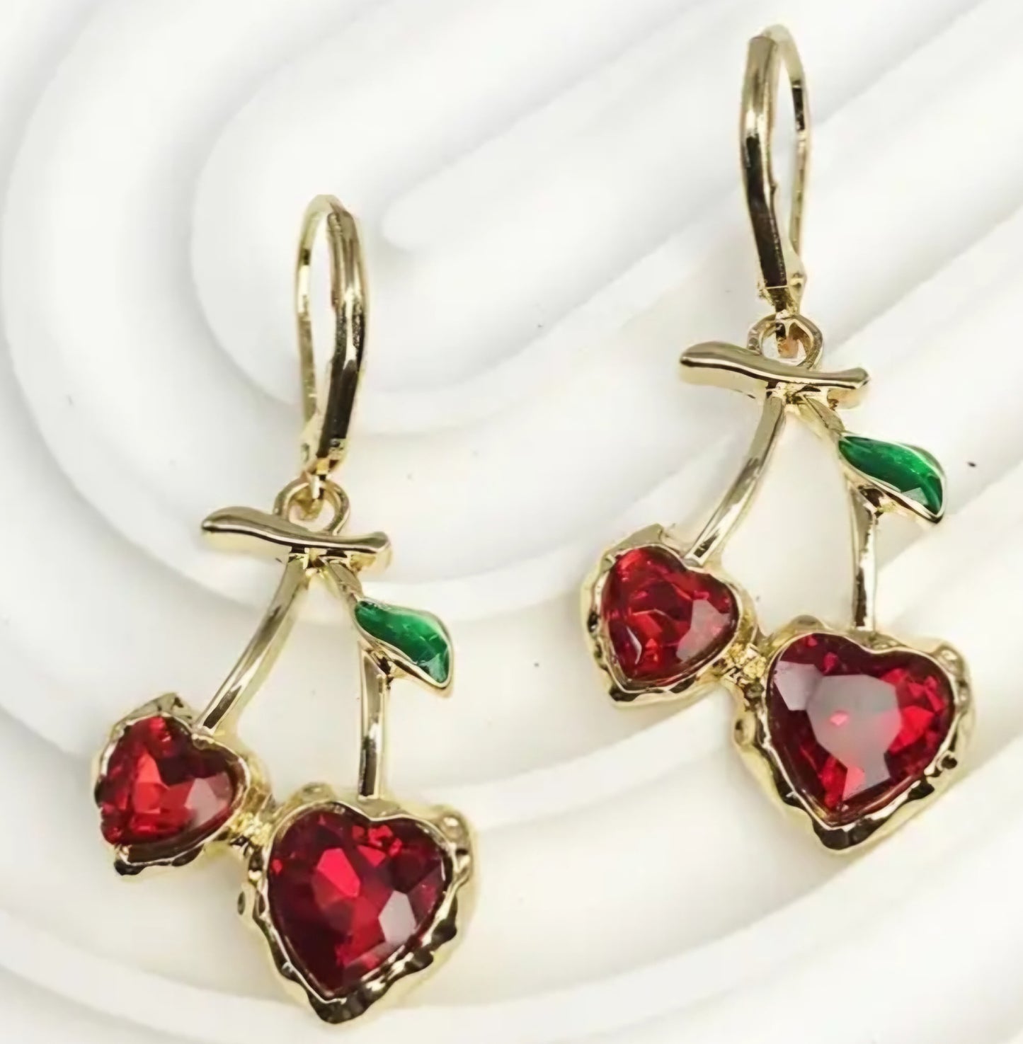 Heart Shaped Cherries Design Gold Plated Rhinestone Gem Drop Dangle Earrings