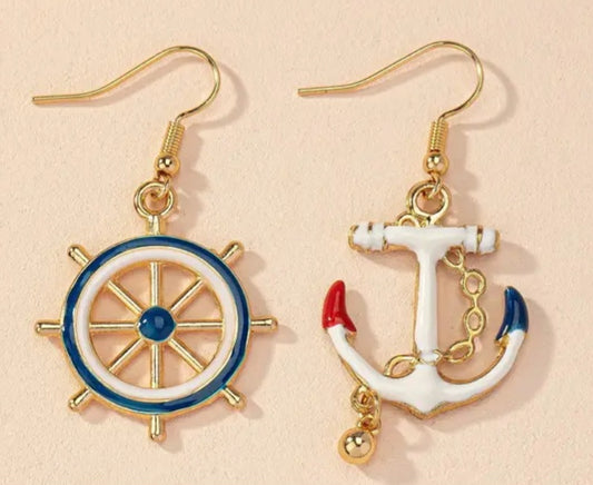 Enamel Anchor Ship Wheel Nautical Metal Gold Plated Drop Dangle Earrings