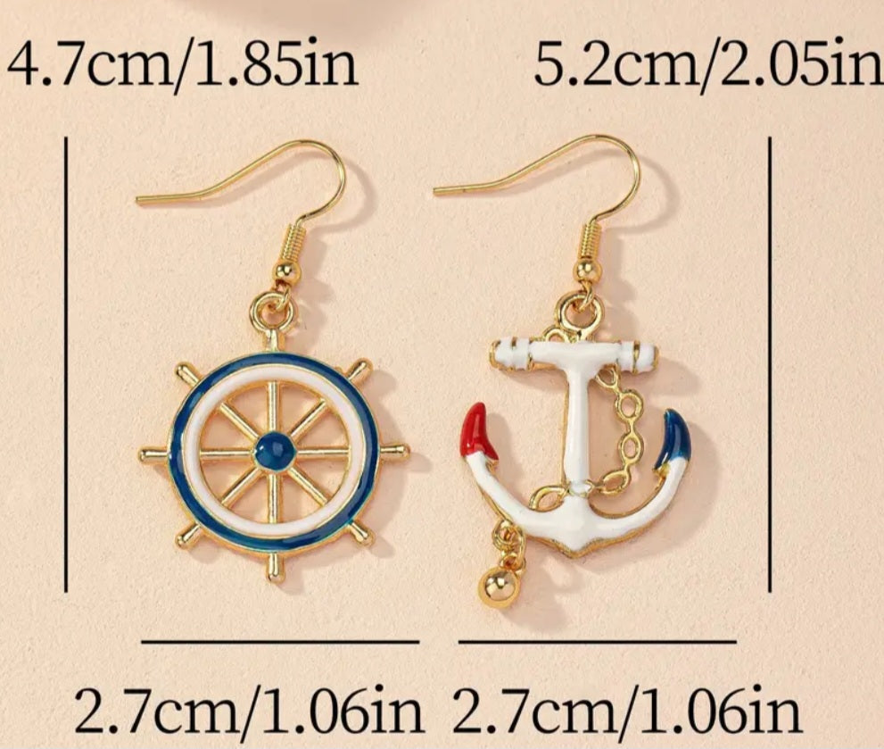 Enamel Anchor Ship Wheel Nautical Metal Gold Plated Drop Dangle Earrings