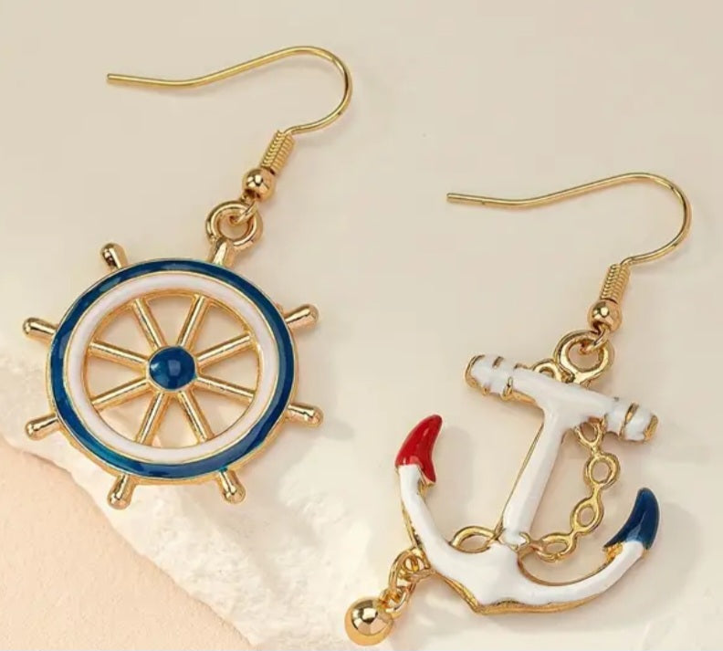 Enamel Anchor Ship Wheel Nautical Metal Gold Plated Drop Dangle Earrings