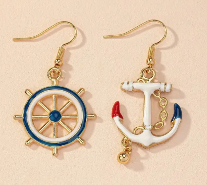 Enamel Anchor Ship Wheel Nautical Metal Gold Plated Drop Dangle Earrings