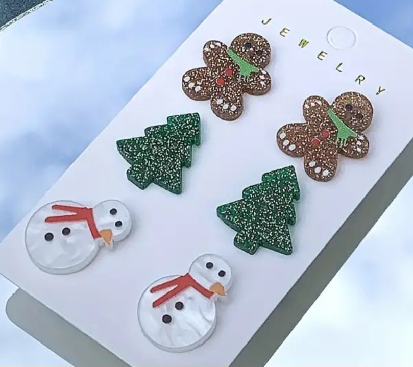 Acrylic Cartoon Gingerbread Man Christmas Tree Snowman Festive Stud Earrings Set Of 3