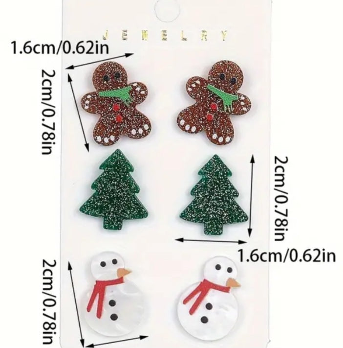 Acrylic Cartoon Gingerbread Man Christmas Tree Snowman Festive Stud Earrings Set Of 3