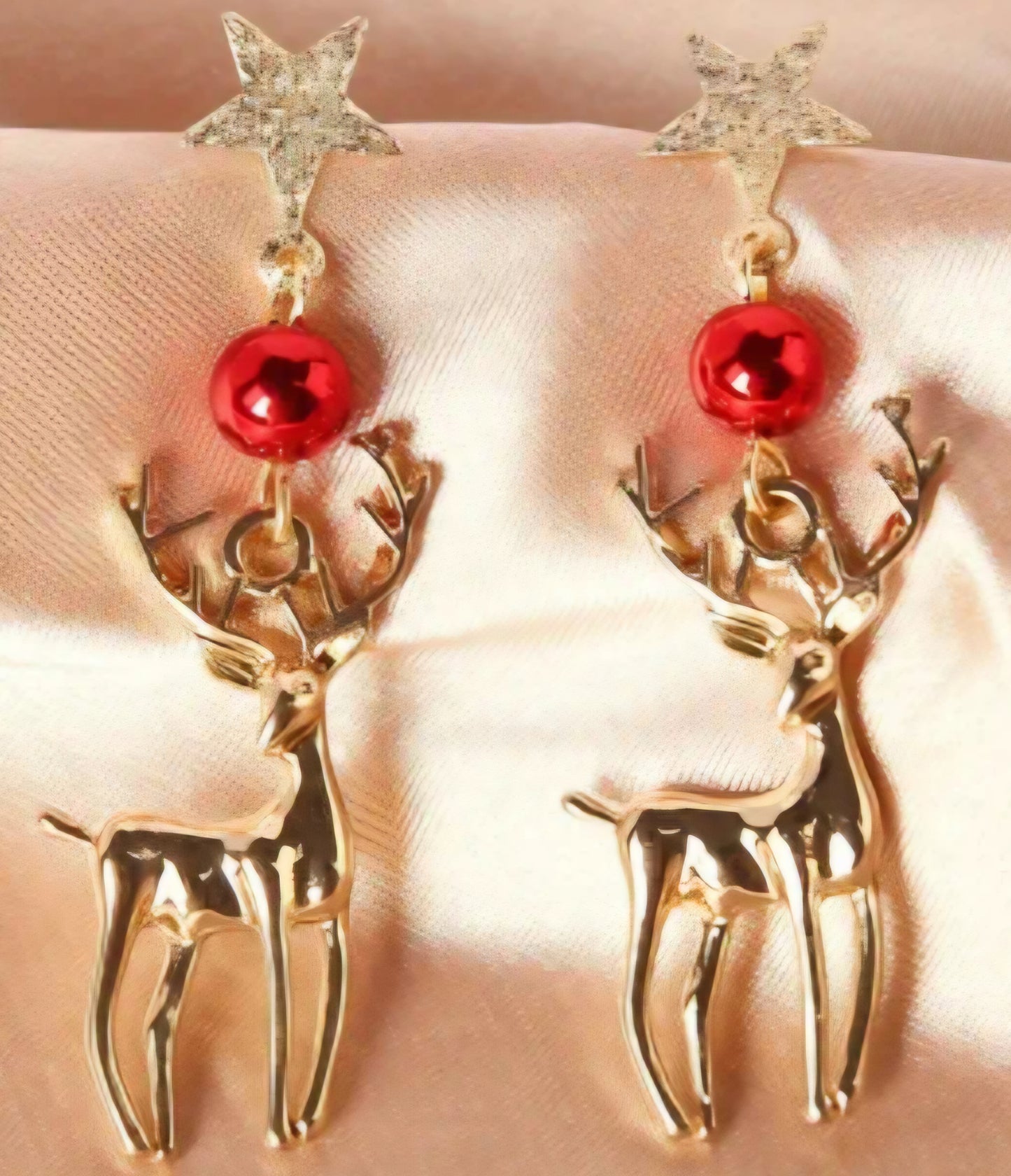 Christmas Festive Gold Plated Reindeer Elk Star Red Bauble Design Drop Dangle Earrings