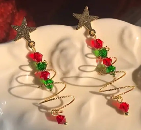 Christmas Tree Festive Spiral Wire Beads Gold Star Drop Dangle Earrings