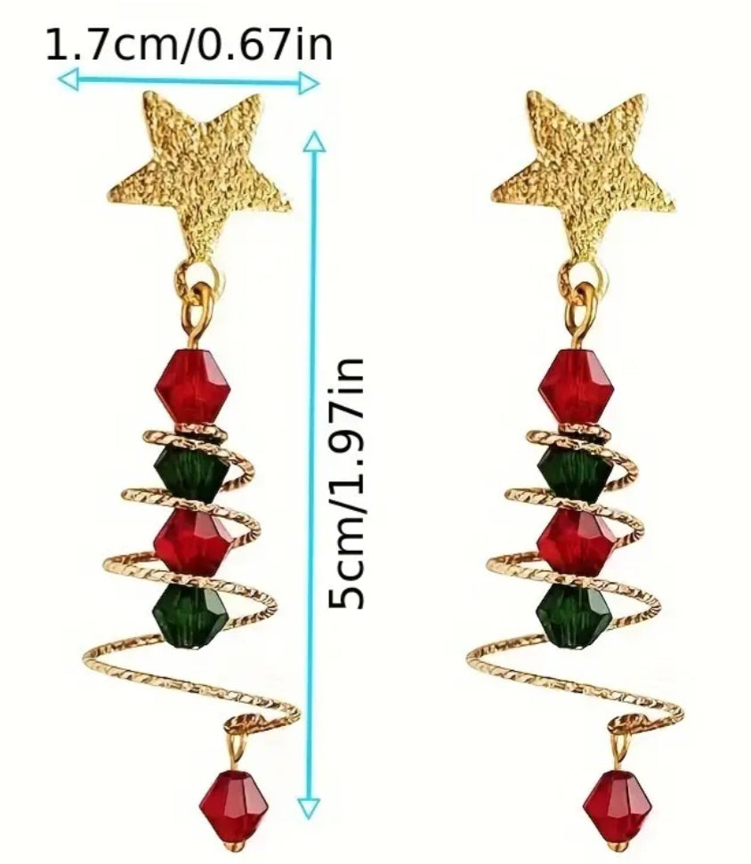 Christmas Tree Festive Spiral Wire Beads Gold Star Drop Dangle Earrings