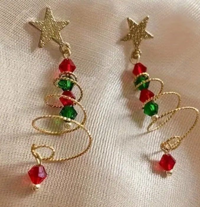 Christmas Tree Festive Spiral Wire Beads Gold Star Drop Dangle Earrings