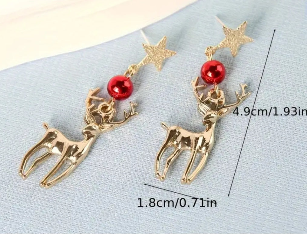 Christmas Festive Gold Plated Reindeer Elk Star Red Bauble Design Drop Dangle Earrings