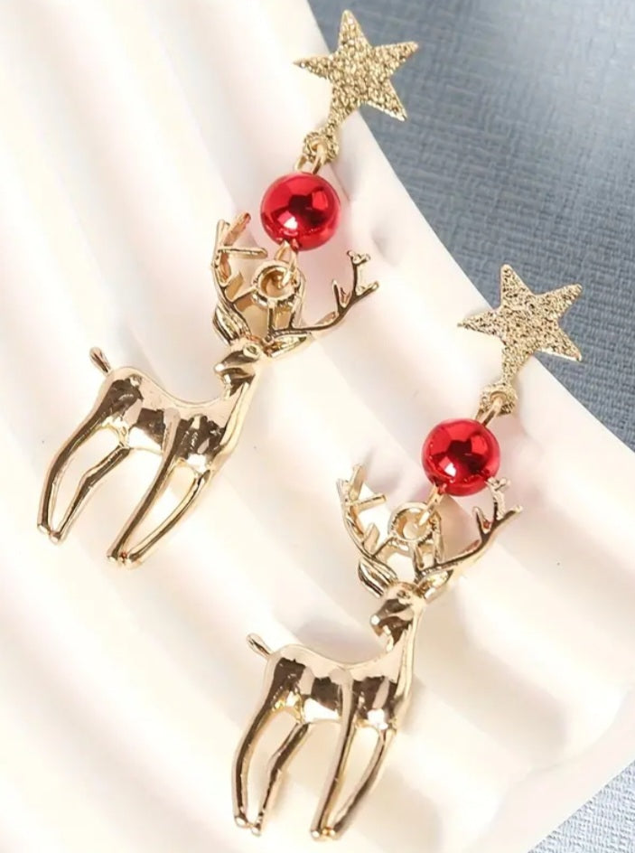 Christmas Festive Gold Plated Reindeer Elk Star Red Bauble Design Drop Dangle Earrings