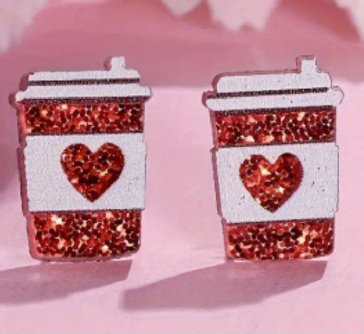 Acrylic Cartoon Glitter Sparkle Take Away Coffee Cup Red Heart Design Stud Earrings