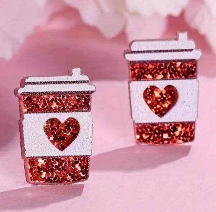 Acrylic Cartoon Glitter Sparkle Take Away Coffee Cup Red Heart Design Stud Earrings