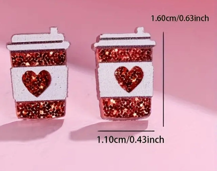 Acrylic Cartoon Glitter Sparkle Take Away Coffee Cup Red Heart Design Stud Earrings