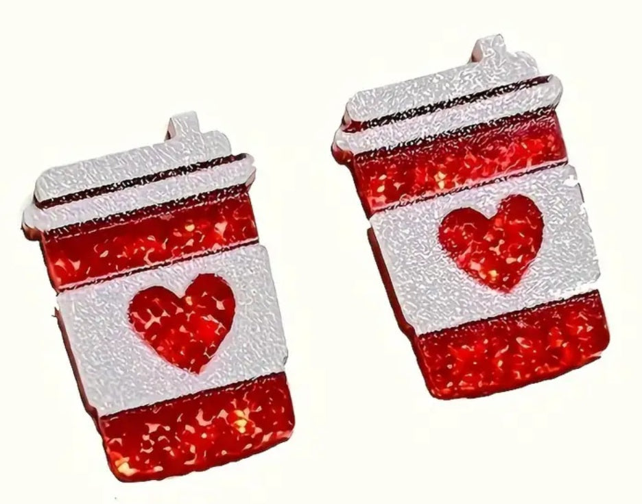 Acrylic Cartoon Glitter Sparkle Take Away Coffee Cup Red Heart Design Stud Earrings