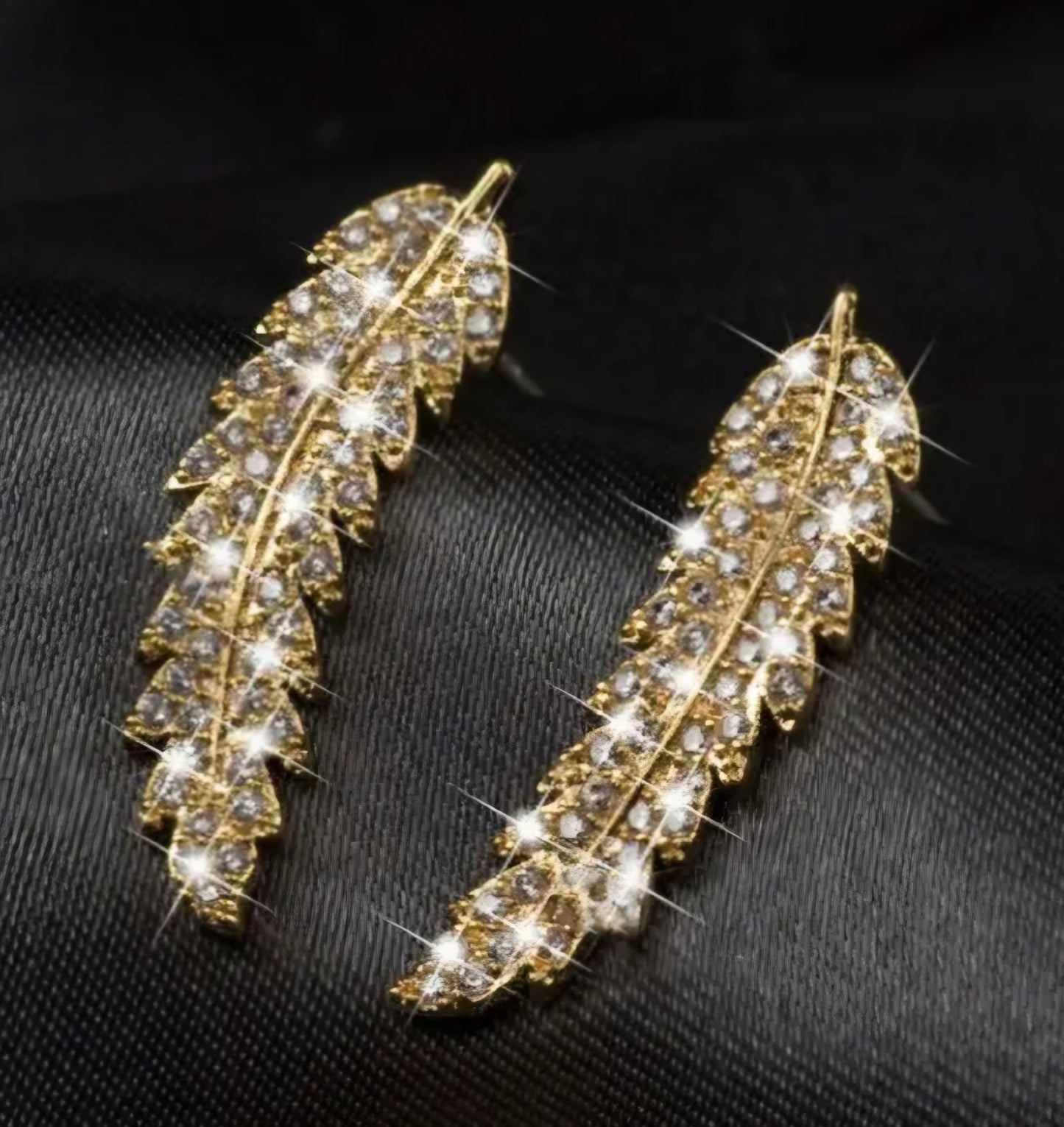 Bling Gold Plated Cubic Zircon Leaf Feather Design Lightweight Ear Climber/Long Drop Stud Earrings Can Be Worn Both Ways