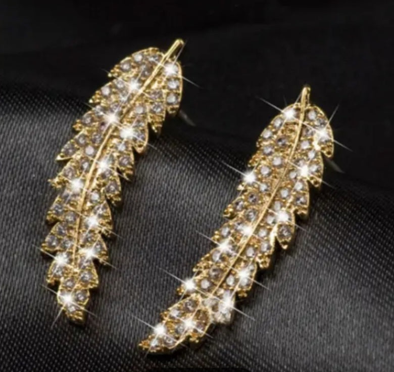 Bling Gold Plated Cubic Zircon Leaf Feather Design Lightweight Ear Climber/Long Drop Stud Earrings Can Be Worn Both Ways