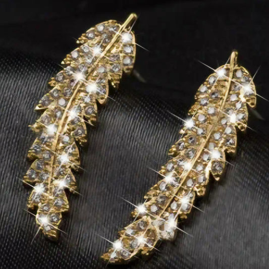 Bling Gold Plated Cubic Zircon Leaf Feather Design Lightweight Ear Climber/Long Drop Stud Earrings Can Be Worn Both Ways