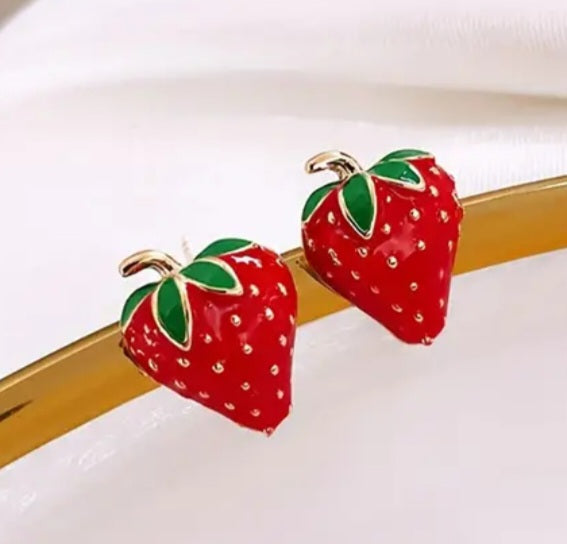 Enamel Painted Cute  Strawberry Design Metal Stud Earrings