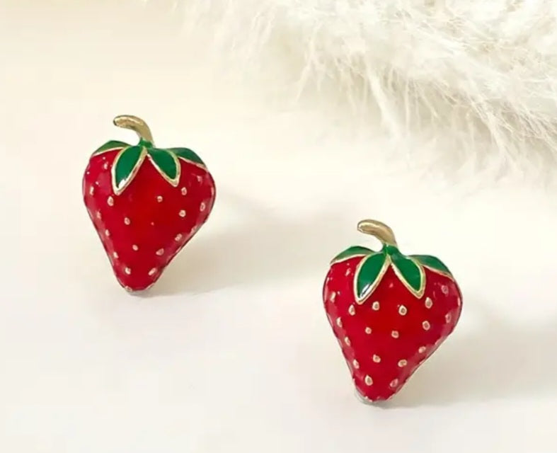 Enamel Painted Cute  Strawberry Design Metal Stud Earrings