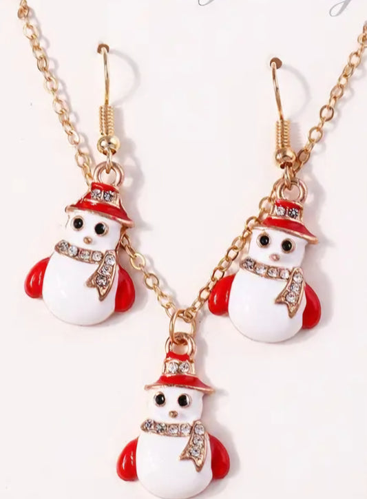 Christmas Festive Enamel Snowman Design Rhinestone Inlay Gold Plated Necklace Earrings Set