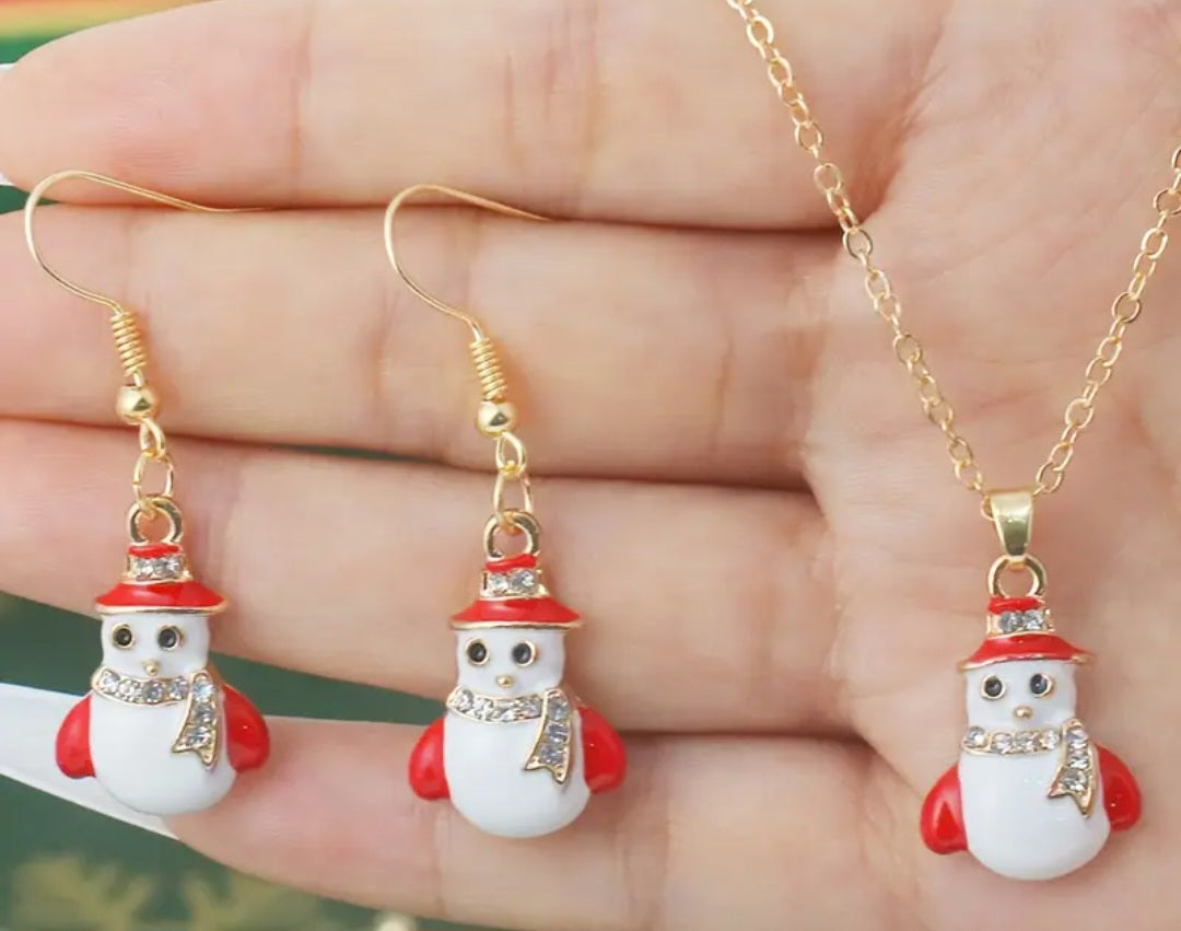 Christmas Festive Enamel Snowman Design Rhinestone Inlay Gold Plated Necklace Earrings Set