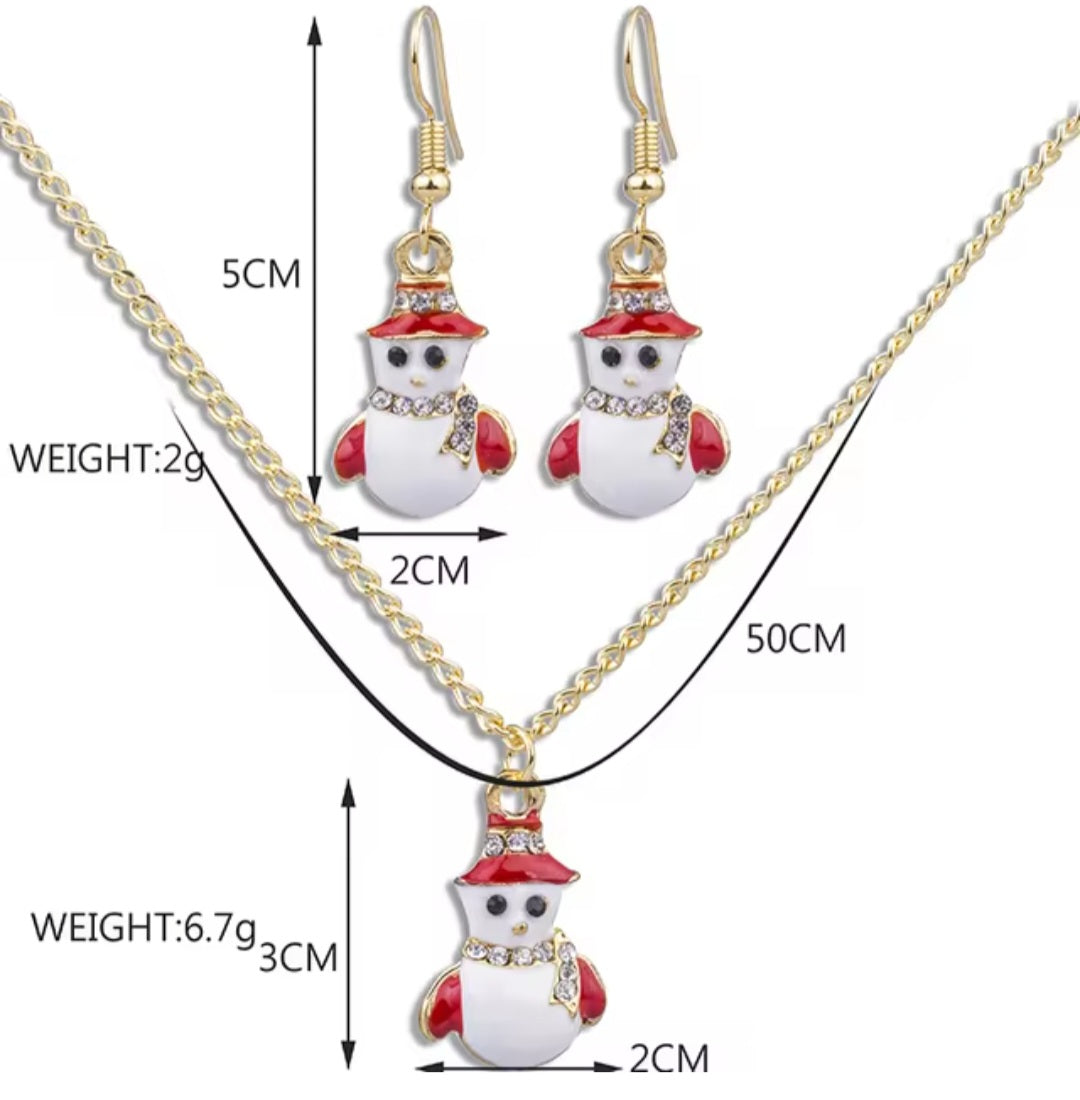 Christmas Festive Enamel Snowman Design Rhinestone Inlay Gold Plated Necklace Earrings Set