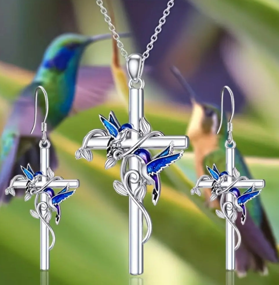 Cross Leaf Vine Hummingbird Bird Design Silver Plated Earrings Necklace Set