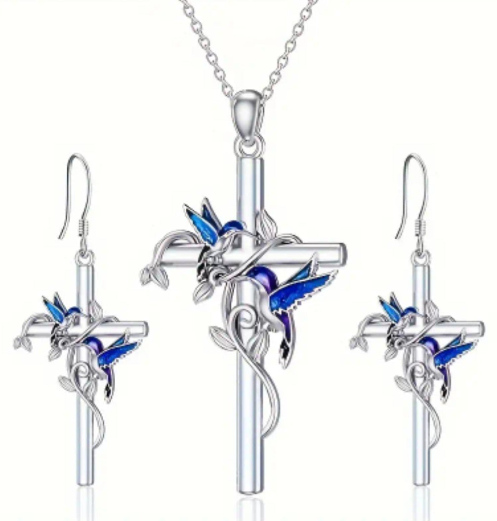 Cross Leaf Vine Hummingbird Bird Design Silver Plated Earrings Necklace Set