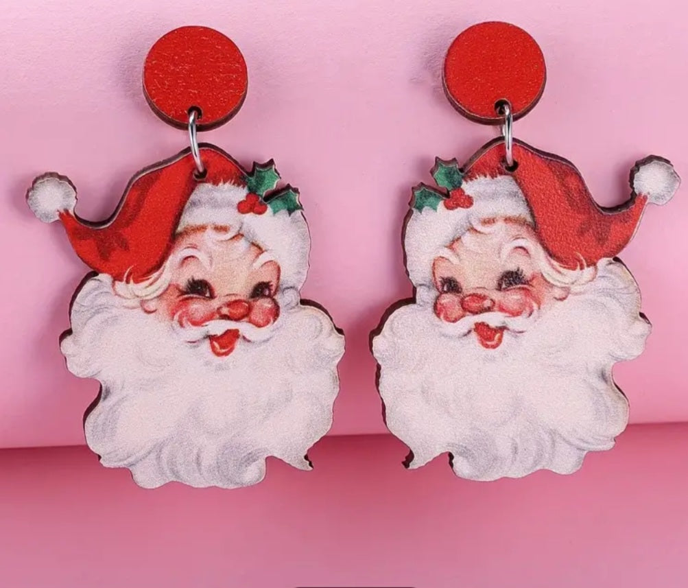 Cartoon Festive Father Christmas Jolly Retro Vintage Design  Santa Red Wooden Large Drop Dangle Earrings