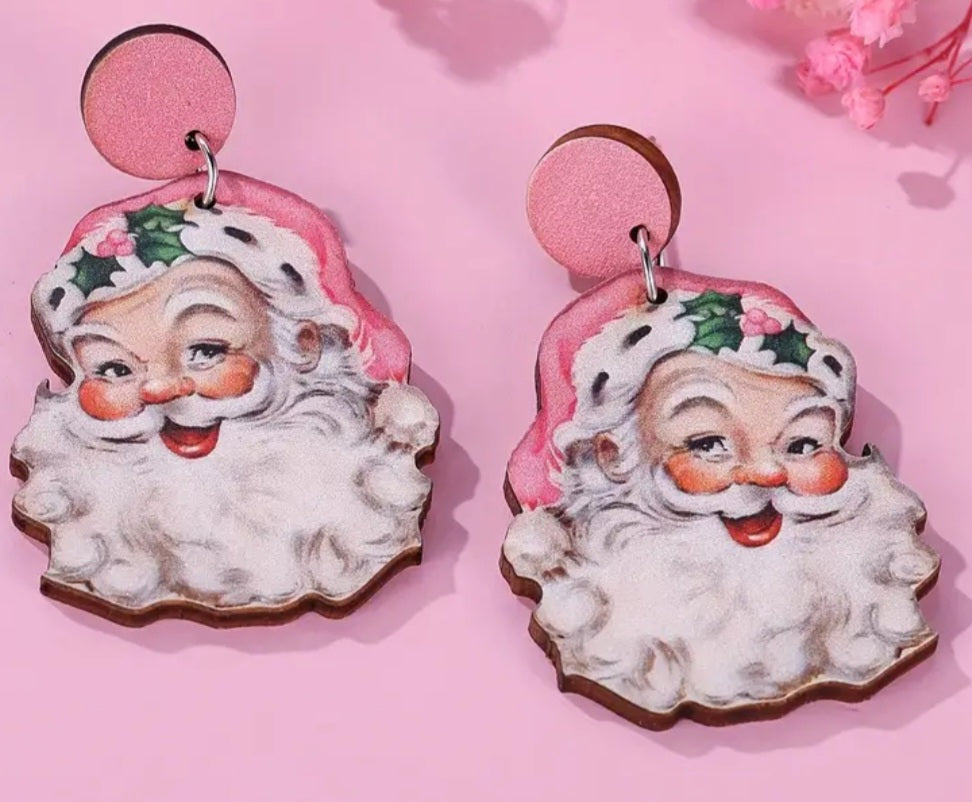 Cartoon Festive Father Christmas Jolly Retro Vintage Design  Santa Pink Wooden Large Drop Dangle Earrings