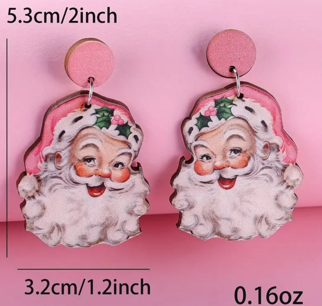 Cartoon Festive Father Christmas Jolly Retro Vintage Design  Santa Pink Wooden Large Drop Dangle Earrings