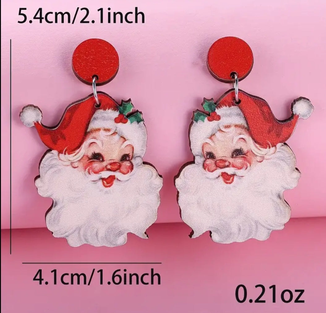 Cartoon Festive Father Christmas Jolly Retro Vintage Design  Santa Red Wooden Large Drop Dangle Earrings