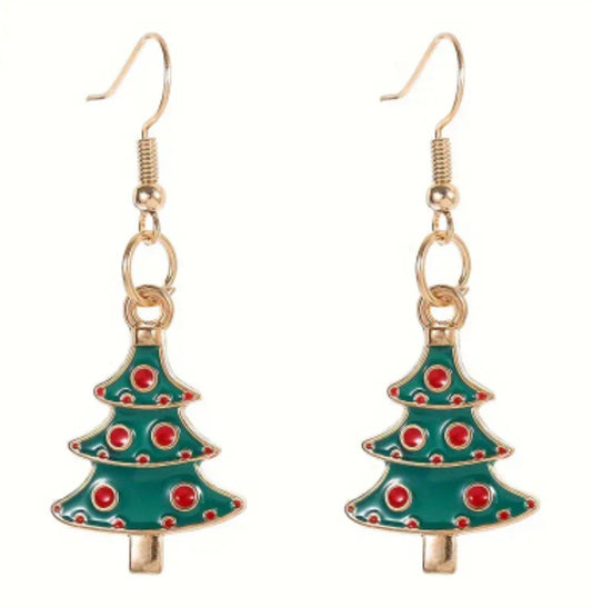 Enamel Festive Christmas Tree Design Drop Dangle Earrings