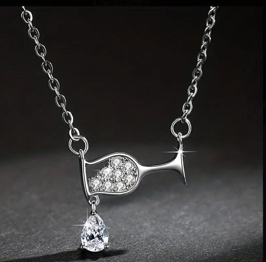 Bling Dainty Festive Silver Plated Rhinestone Inlay Zircon Tear Drop Wine Glass Necklace