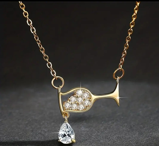 Bling Dainty Festive Gold Plated Rhinestone Inlay Zircon Tear Drop Wine Glass Necklace