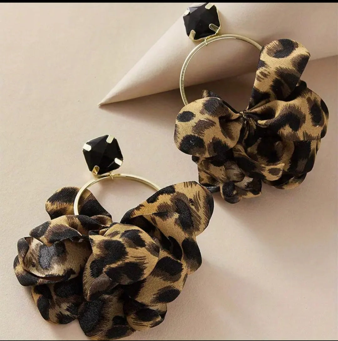 Giant Super Extra Large Leopard Print Scrunch Material Rhinestone Gold Plated Drop Dangle Earrings