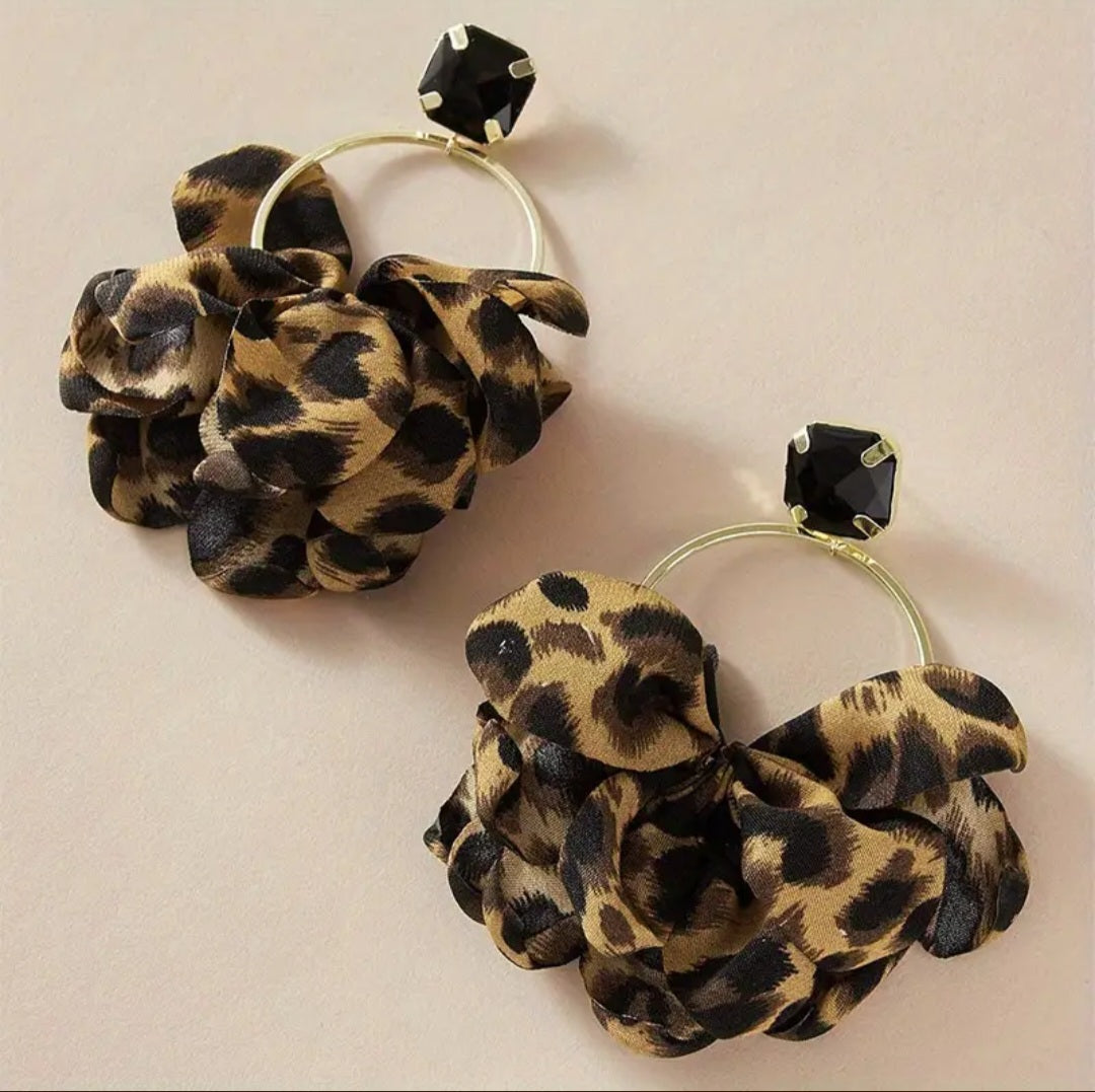 Giant Super Extra Large Leopard Print Scrunch Material Rhinestone Gold Plated Drop Dangle Earrings