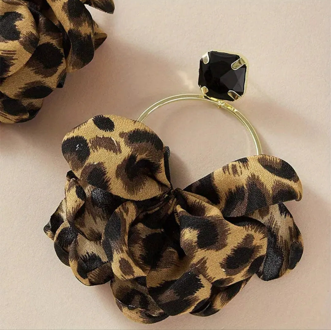 Giant Super Extra Large Leopard Print Scrunch Material Rhinestone Gold Plated Drop Dangle Earrings