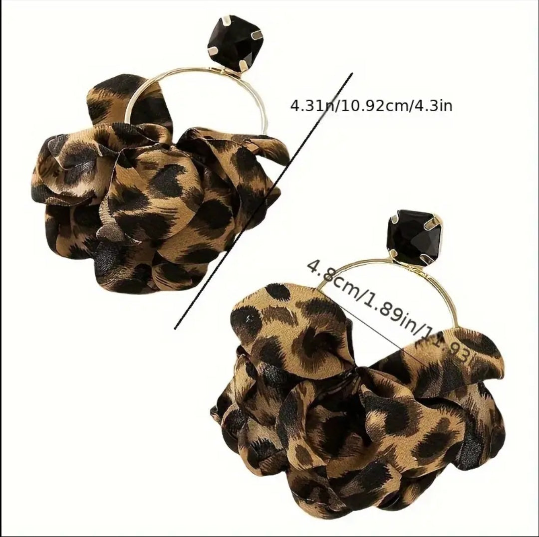 Giant Super Extra Large Leopard Print Scrunch Material Rhinestone Gold Plated Drop Dangle Earrings