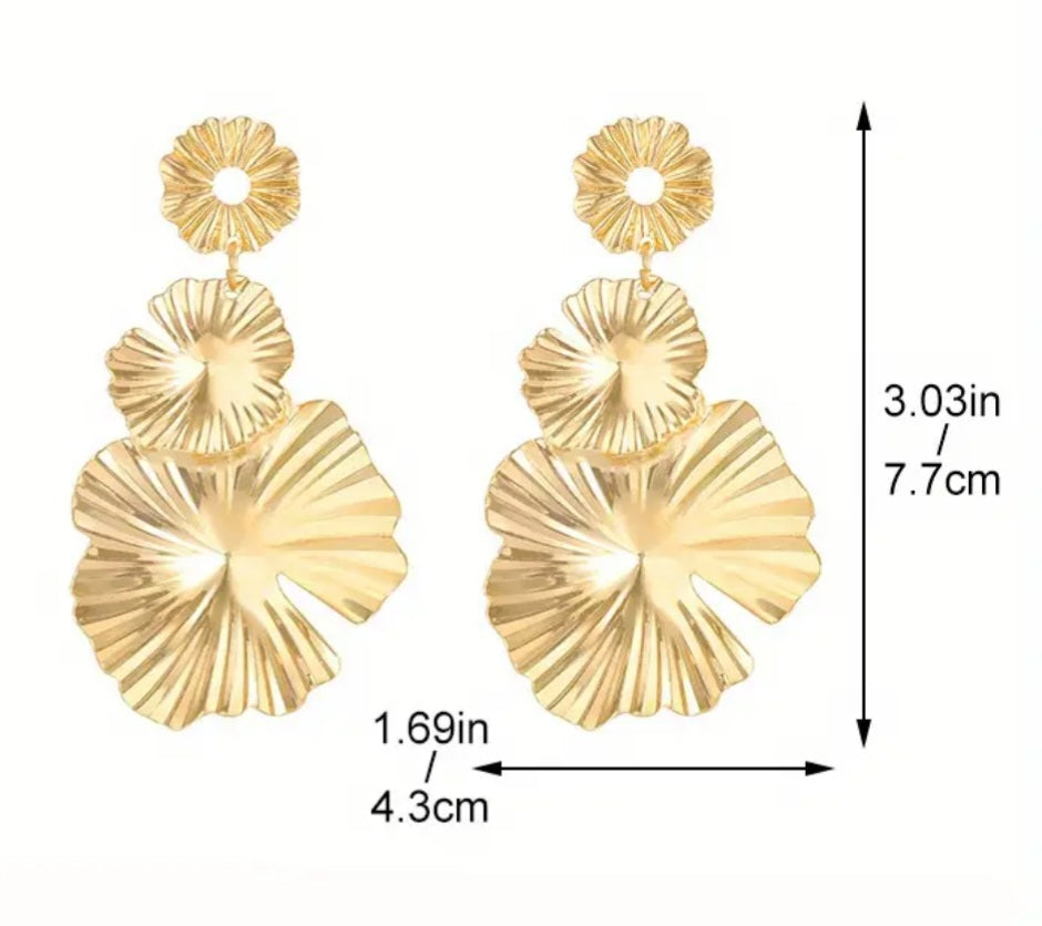 Gold Plated Triple Lily Pad Petal Leaf Design Metal Large Drop Dangle Earrings