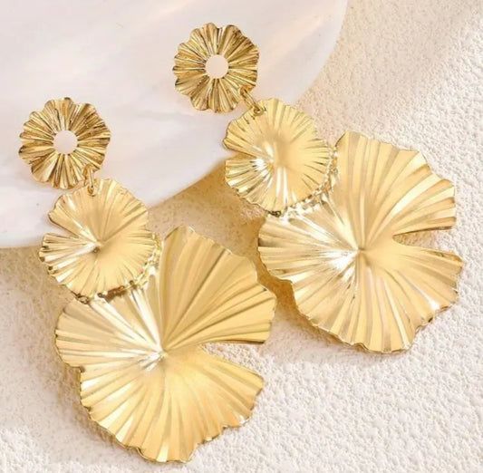 Gold Plated Triple Lily Pad Petal Leaf Design Metal Large Drop Dangle Earrings