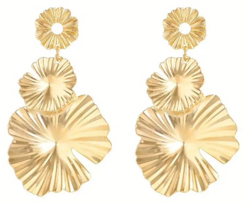 Gold Plated Triple Lily Pad Petal Leaf Design Metal Large Drop Dangle Earrings