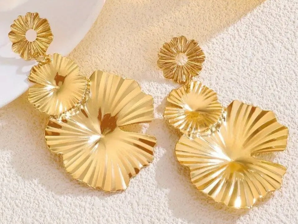 Gold Plated Triple Lily Pad Petal Leaf Design Metal Large Drop Dangle Earrings