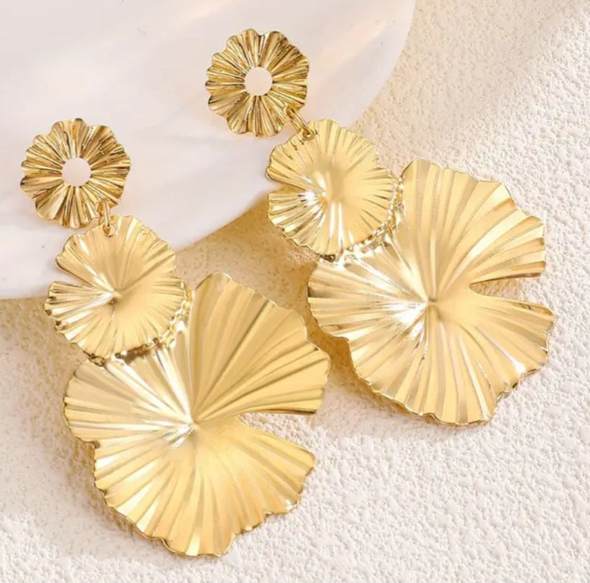 Gold Plated Triple Lily Pad Petal Leaf Design Metal Large Drop Dangle Earrings