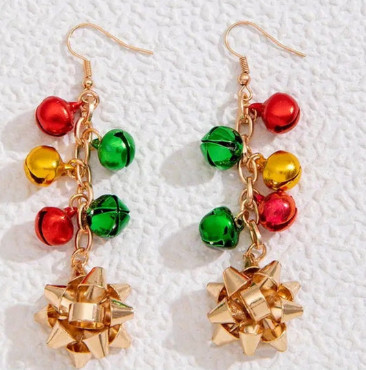 Christmas Festive Jingle bells Present Gift Bow Long Drop Metal Earrings