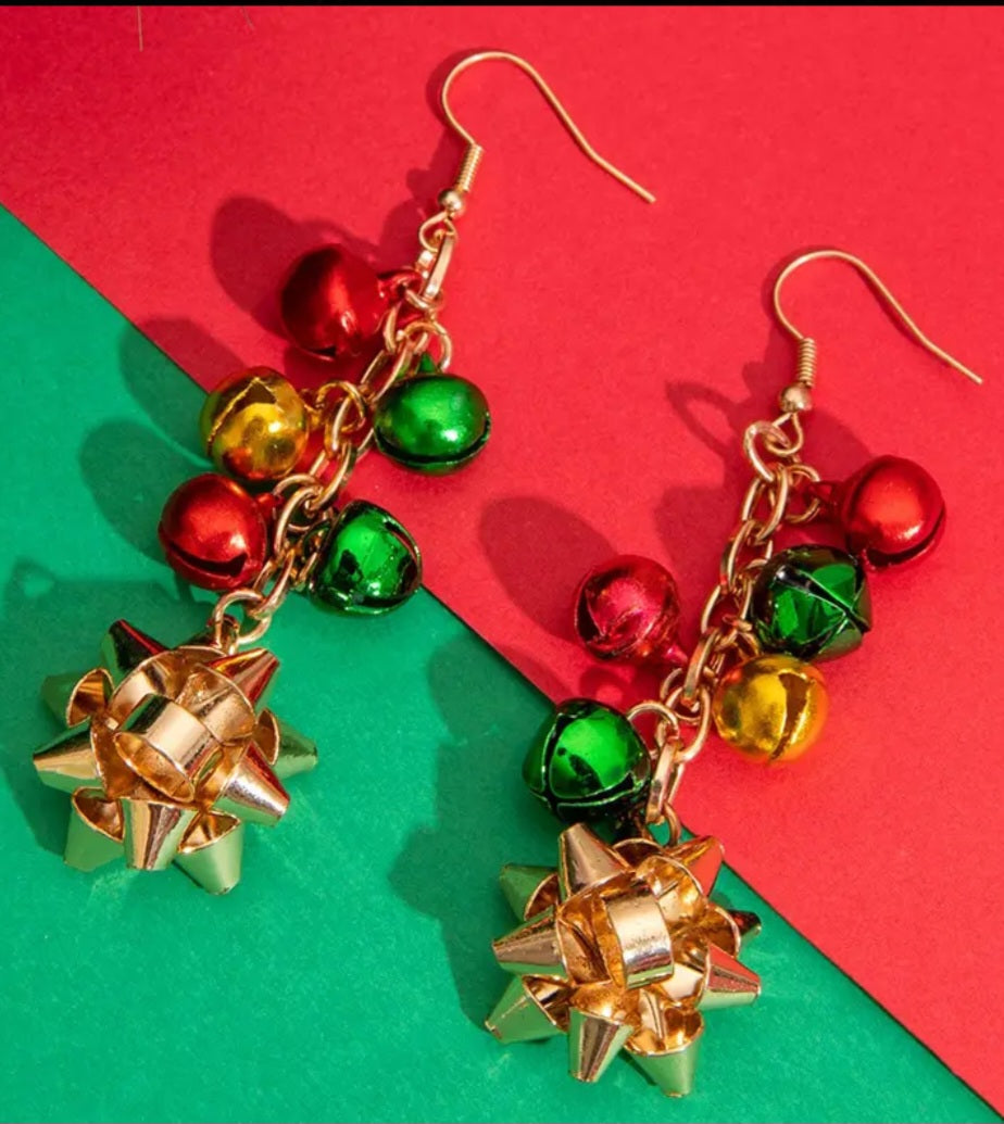 Christmas Festive Jingle bells Present Gift Bow Long Drop Metal Earrings