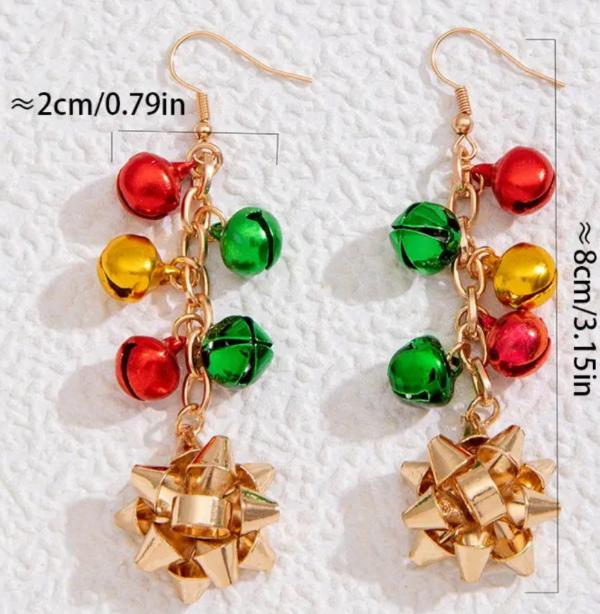 Christmas Festive Jingle bells Present Gift Bow Long Drop Metal Earrings